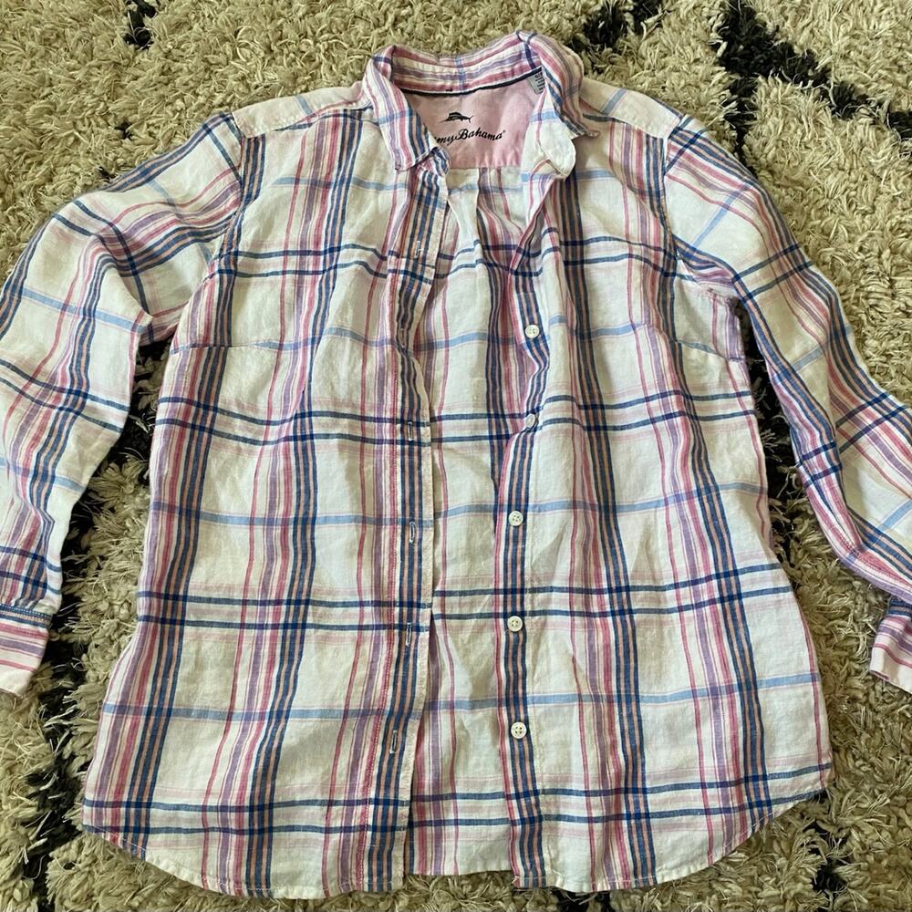 Tommy Bahama 100% Linen Button Up Pastel Plaid Blouse Women's Small